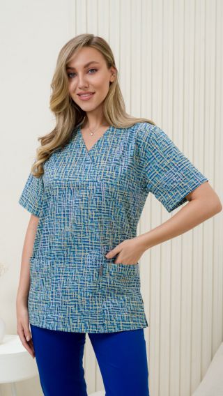 Блуза ИРИДА (М-201), тк.поплин, принт жёлт/бирюза