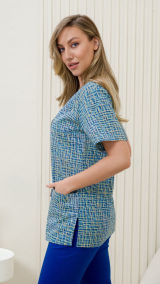 Блуза ИРИДА (М-201), тк.поплин, принт жёлт/бирюза