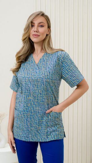 Блуза ИРИДА (М-201), тк.поплин, принт жёлт/бирюза