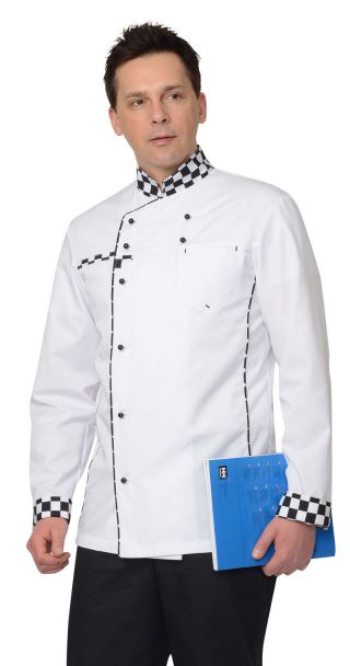 Китель (куртка) ШЕФ мужской белый с отделкой черно-белая клетка